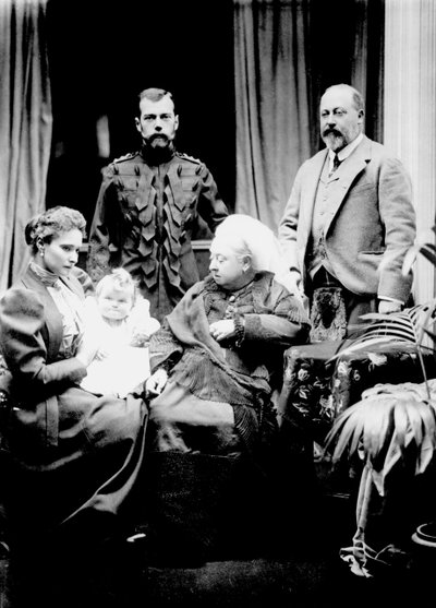 Queen Victoria, Tsar Nicholas II, Tsarina Alexandra Fyodorovna, her daughter Olga Nikolaevna and Albert, Prince of Wales photographed at Balmoral by English Photographer